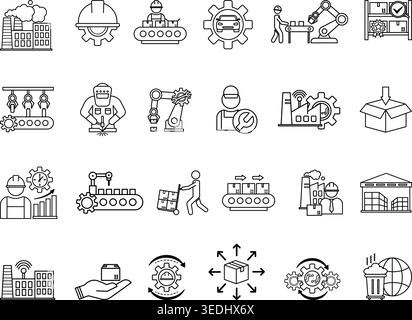 Line Factory Icon Set. Vector Icons: Production, Industry, Product, Machine, Worker, Smart Factory, Automation, Conveyor, Manufacturing, and More Stock Vector