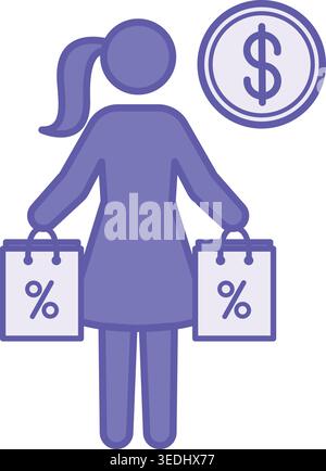 Colored Shopping Icon. Vector Icon. Woman Holding Shopping Bags and a Dollar Sign. Discounts, Store, Sale. Price Concept Stock Vector