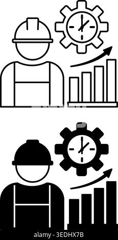 Productivity Icons. Line and Glyph Vector Icons. Worker in a Hard Hat, Gear, Time, and Chart with Up Arrow. Production Efficiency Indicator. Factory C Stock Vector