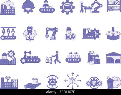 Colored Factory Icon Set. Vector Icons: Production, Industry, Product, Machine, Worker, Smart Factory, Automation, Conveyor, Manufacturing, Technician Stock Vector