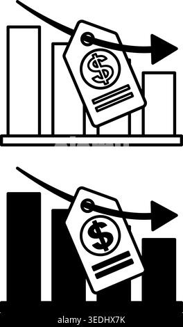 Price Drop Icons. Line and Glyph Vector Icons. Chart, Down Arrow, and Price Tag. Deflation, Price Drop for a Product or Service. Price Concept Stock Vector