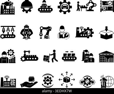 Glyph Factory Icon Set. Vector Icons: Production, Industry, Product, Machine, Worker, Smart Factory, Automation, Conveyor, Manufacturing, Technician, Stock Vector