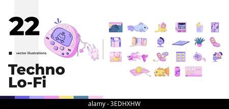 Cute everyday and Y2K digital 2D cartoon objects pack Stock Vector