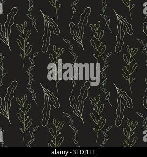 Pattern with golden line art botanical leaves and branches on black background, elegant minimalist floral vector texture for luxury packaging, textile print, wallpaper and modern branding. Vector illustration Stock Vector