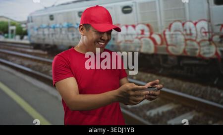 Man wearing red cap and red shirt holding smartphone with both hands and smiling on train station platform; commute joy. Stock Photo