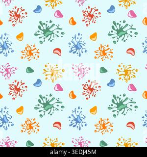 Minimalist Seamless Pattern Vector with Colorful Paint Splashes and Liquid Drops on Mint Background for Kids Art Projects Fabric and Wrapping Paper Stock Vector