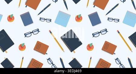 Minimalist Stationery Seamless Pattern Vector Back to School Background with Notebooks Pencils Glasses and Apples for Wrapping Paper and Textile Stock Vector