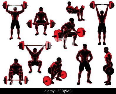 male weightlifter set performing squat clean jerk deadlift varied poses Stock Vector