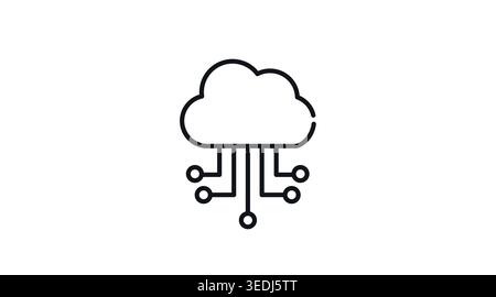 Cloud computing and artificial intelligence icon: cloud symbol with circuit board lines, minimalist black line art vector illustration for tech and AI Stock Vector