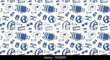 Seamless pattern with travel bag, backpack, globe, camera, sunglasses, passport and neck pillow. Vacation illustration for gift wrap, textile in flat Stock Vector