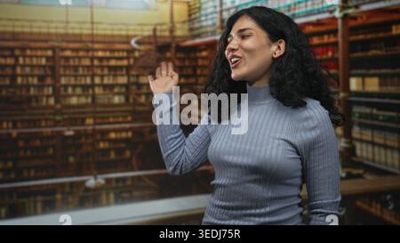 Young arab woman points finger at a shelf of books in a public library, smiling and engaging with the space while wearing a blue turtleneck sweater; c Stock Photo