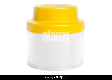 Plastic kitchen jar with yellow lid isolated on whtie background Stock Photo