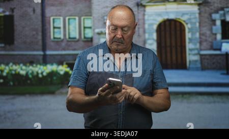 Man holding smartphone with one hand and gesturing with the other while looking down in a studio setting; concerned contemplation. Stock Photo