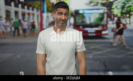 Man grimacing at oncoming traffic on a busy city street with a red bus standing behind him; urban annoyance. Stock Photo
