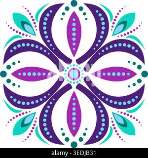 Delicate spring symmetry ornament. Green purple square mandala. Boho floral oriental pattern in bright colors. Isolate colorful ethnic decor on transp Stock Vector