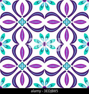 Spring symmetry ornament. Green purple square floral motif. Boho floral oriental seamless pattern Stock Vector