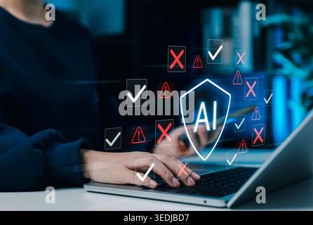 AI risk detection and cybersecurity validation concept. User using laptop with virtual shield, check marks, warning alerts, red crosses, threat screen Stock Photo