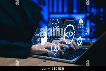 DevOps automation and AI software development concept. Programmer using laptop with coding icons, cloud data system, gears, analytics, deployment work Stock Photo