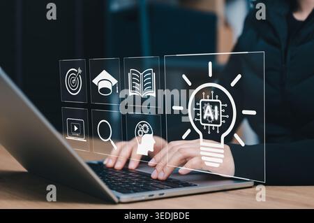AI learning innovation and digital education concept. Person using laptop with virtual icons for smart idea, online course, knowledge search, goals, Stock Photo