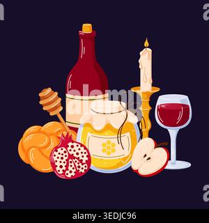 Rosh Hashanah traditional festive food and drink, kiddush wine, Challah bread and honey. Jewish New Year holiday celebration. Cartoon style Stock Vector