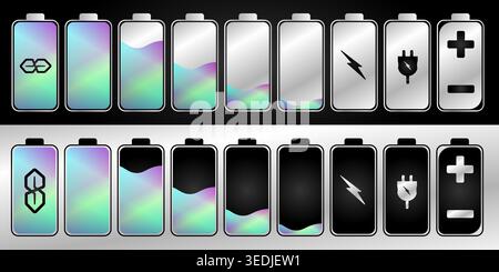 Battery set, charging charge indicator icon, level energy battery, elegant full color Stock Vector