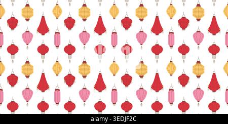 Decorative lantern seamless pattern in flat style. Red, pink and yellow oriental paper lantern background. Chinese holiday festival. Stock Vector