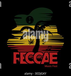 reggae themed festival music background with musical notes composition, cannabis and coconut trees Stock Vector