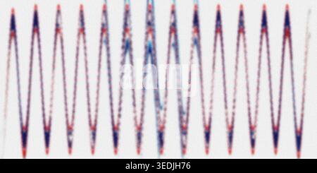 A close-up abstract visualization of a digital waveform, featuring repeating sharp peaks in red and blue colors against a textured background. Stock Photo