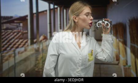 Woman optometrist holding trial frame with hand, smiling in building corridor; professional care confidence. Stock Photo