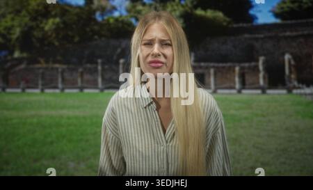 Woman with lips pursed and eyes squinted making a grimace, long blonde hair and striped shirt visible in building courtyard; disgust rejection. Stock Photo
