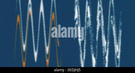 An abstract composition featuring glowing white and orange zigzag lines against a dark blue background, creating a sharp and modern digital aesthetic. Stock Photo