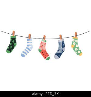 Socks on rope. Cotton or wool sock dry and hang on laundry string with clothespins. Children socks with textures and patterns vector cartoon. Stock Vector