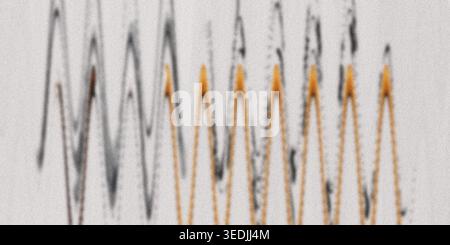 A detailed view of an abstract waveform pattern, showing repeating sharp peaks in orange and black tones on a light, grainy background. Stock Photo