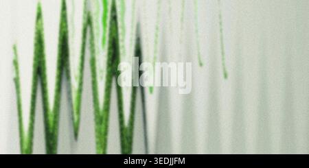 An abstract digital composition displaying vertical green wave patterns that fade into a textured, neutral grey background, creating a sense of motion Stock Photo