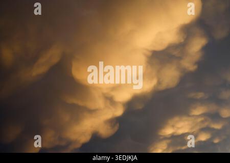 Rare landscape seen in Romania with Mammatus clouds in the sky. Stock Photo