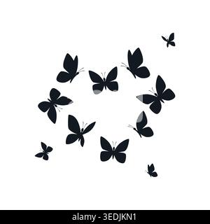 Black butterfly silhouettes are elegantly displayed in various flight and resting poses. Stock Vector