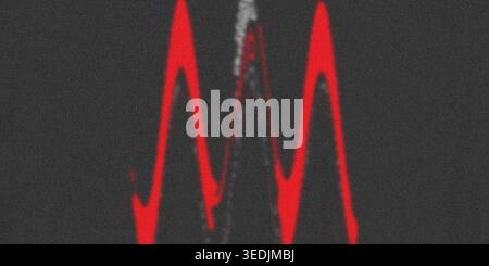 A high-contrast digital glitch art composition featuring sharp, jagged red wave patterns set against a dark, textured, noise-filled background. Stock Photo