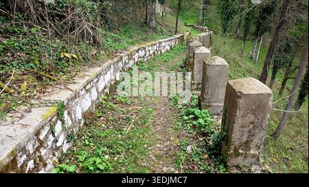 A narrow dirt trail winds through a forest alongside a vintage stone wall and a row of aged concrete posts. The woodland path is surrounded by green s Stock Photo