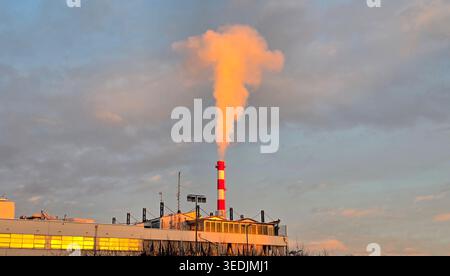 A red and white striped smokestack releases a large cloud of vapor illuminated by warm evening sunlight. The industrial facility stands against a soft Stock Photo