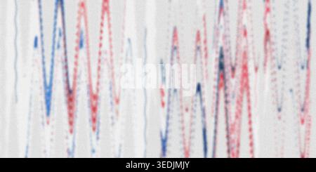 A textured abstract image showing repeating vertical zigzag patterns in red and blue against a light, grainy background. Stock Photo