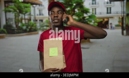 Man in red shirt holds paper bag and talks on smartphone on city street with building facade visible; dedication. Stock Photo