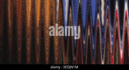An abstract visual composition showing a transition from dark brown textured waves on the left to sharp, colorful zigzag patterns on the right. Stock Photo