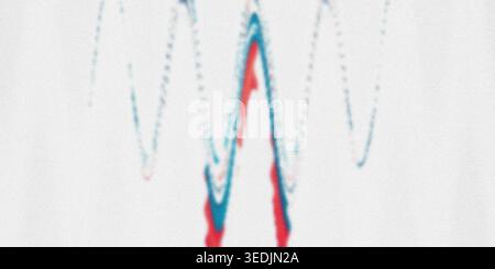 A close-up abstract texture featuring repeating zig-zag wave patterns in vibrant red and blue colors against a textured white background. Stock Photo