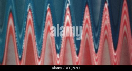 An abstract composition featuring a repeating vertical zigzag pattern with red and blue color bands and a subtle grainy texture throughout. Stock Photo