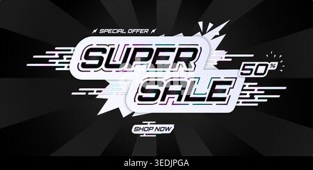 Super sale promotion. Sale banner with 50 percent Discount, Shop Now. Commercial poster vector illustration Stock Vector