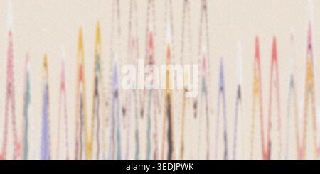 A vibrant abstract background featuring thin, colorful vertical zigzag lines in yellow, red, blue, and grey against a soft, light-colored backdrop. Stock Photo