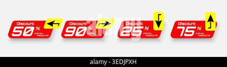 price tag label discount 50, 90,75,25 percent for all product with directions here Stock Vector