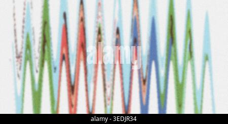 An abstract digital art piece displaying a series of vertical zigzag waves in green, red, and blue colors against a light, textured background. Stock Photo
