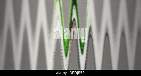 A digital abstract background displaying a repeating zigzag wave pattern, characterized by a mix of grey, white, and vibrant green accents. Stock Photo