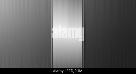 A sleek abstract background featuring a central vertical metallic panel with a brushed steel texture, flanked by darker grey vertical line patterns. Stock Photo